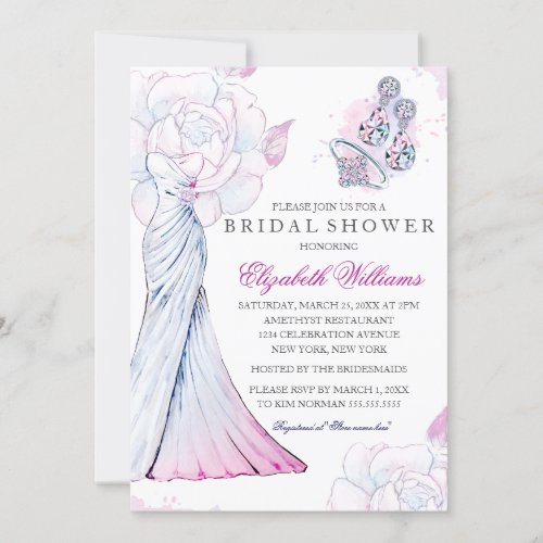 Pink Sparkle Crystal Wedding Gown Bridal Shower Invitation