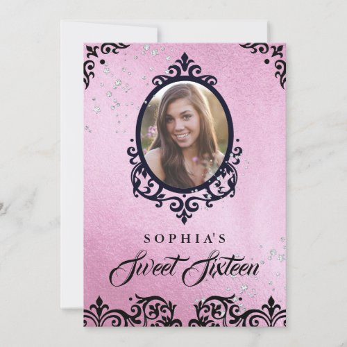 Pink Sparkle Damask Photo Sweet Sixteen Invitation