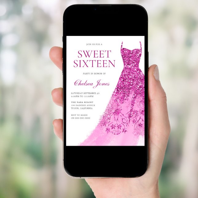 Pink Sparkle Dress Sweet 16 Sixteen Party Invitation (Front Digital)