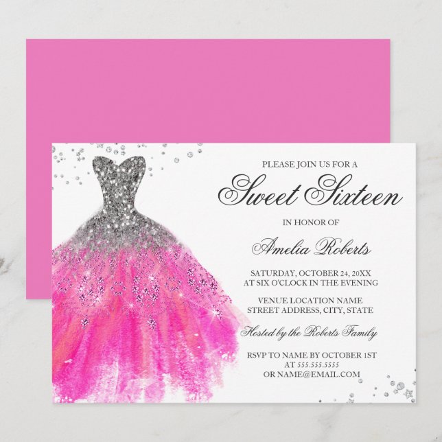 Pink Sparkle Dress Sweet Sixteen Invitation (Front/Back)