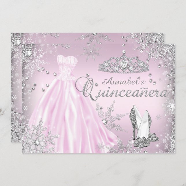 Pink Sparkle Dress Tiara Quinceanera Invitation (Front/Back)