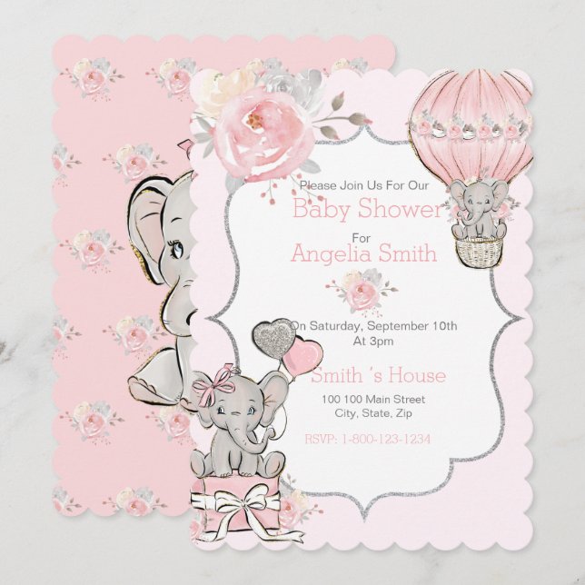 Pink Sparkle Elephant Baby Shower Flat Card (Front/Back)