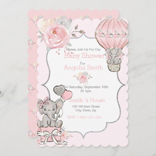 Pink Sparkle Elephant Baby Shower Flat Card