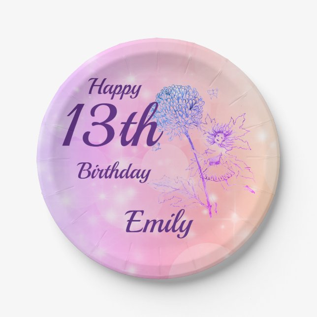 Pink Sparkle Fairy Girl 13th Birthday Paper Plates (Front)