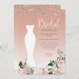 Pink Sparkle Floral Wedding Dress Bridal Shower Invitation