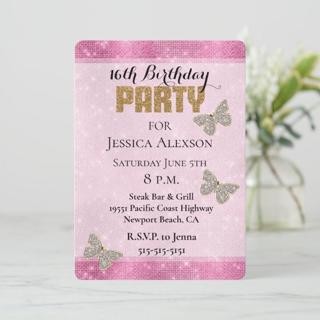 Pink Sparkle Glam Diamonds Gold Glitter Invitation (Standing Front)
