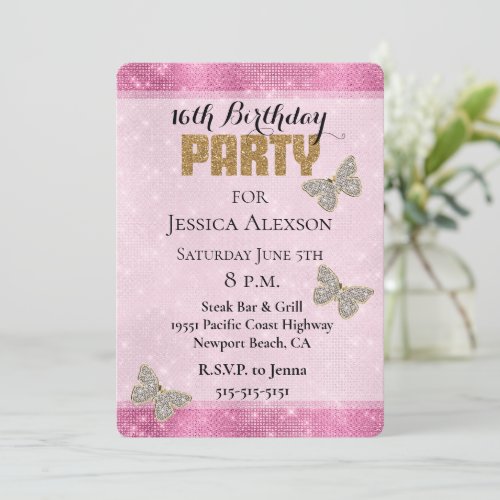 Pink Sparkle Glam Diamonds Gold Glitter Invitation