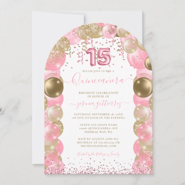 Pink Sparkle Glam Quinceañera Balloon Invitation (Front)