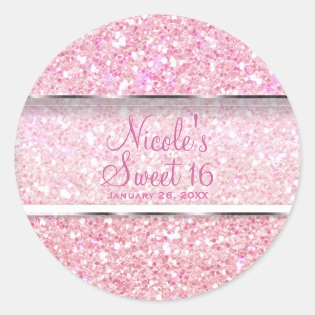 Pink Sparkle Glitter Glam Sweet 16 Party Favor Classic Round Sticker (Front)