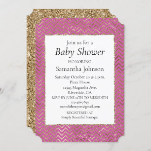 Pink Sparkle glitter Gold Zigzag Baby Shower Invitation