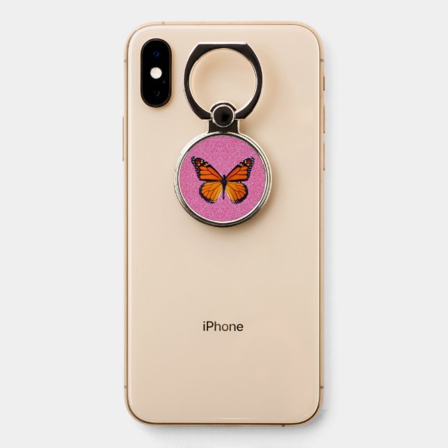 Pink Sparkle Glitter Monarch Butterfly Phone Ring Stand (On Phone)