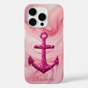 Pink Sparkle Glitter Nautical Sailing Anchor Name iPhone 16 Pro Case