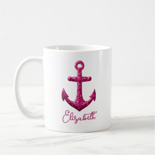Pink Sparkle Glitter Nautical Sailing Anchor Name Coffee Mug