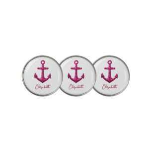 Pink Sparkle Glitter Nautical Sailing Anchor Name Golf Ball Marker