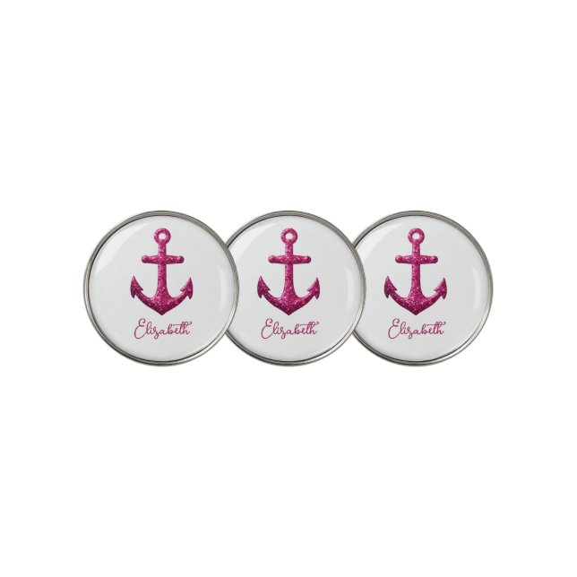 Pink Sparkle Glitter Nautical Sailing Anchor Name Golf Ball Marker (3 Up)