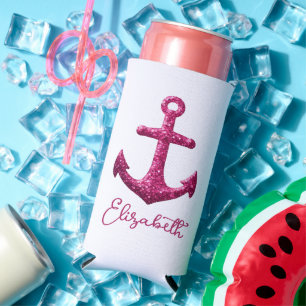 Pink Sparkle Glitter Nautical Sailing Anchor Name Seltzer Can Cooler