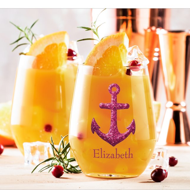 Pink Sparkle Glitter Nautical Sailing Anchor Name Stemless Wine Glass (Pink Sparkle Nautical Anchor Custom Barware Wine Glass)