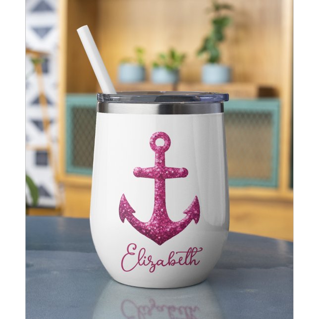 Pink Sparkle Glitter Nautical Sailing Anchor Name Thermal Wine Tumbler (Nautical wine tumbler for summer fun, brides, and bridesmaids)