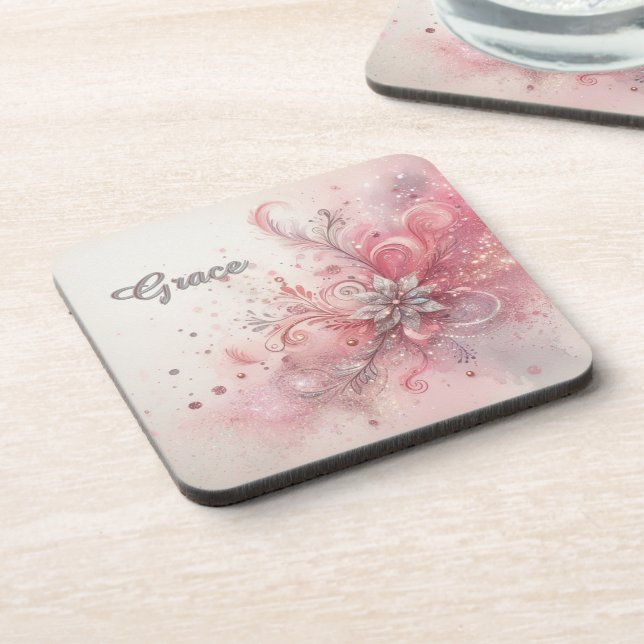 Pink Sparkle Glitter  Personalized  Beverage Coaster (Left Side)