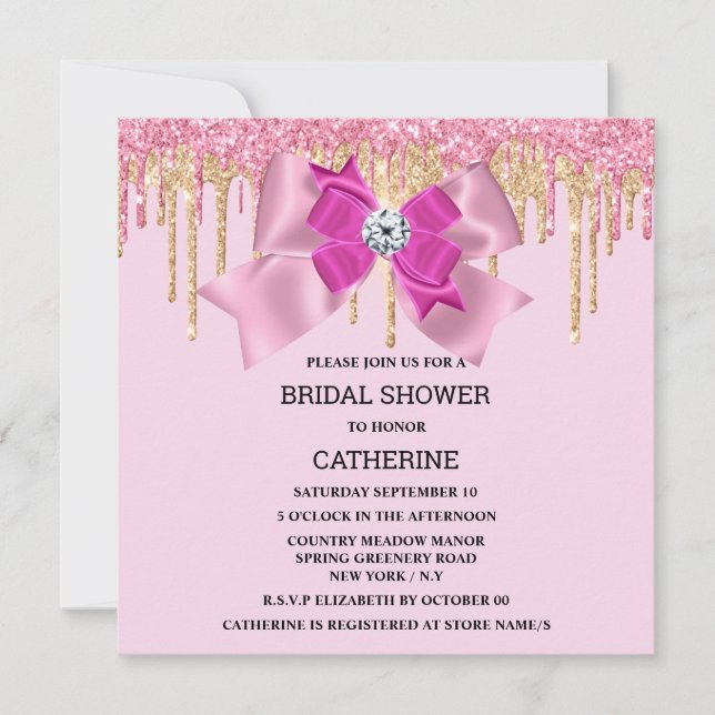 Pink sparkle gold bow diamond shimmer lights  invitation (Front)