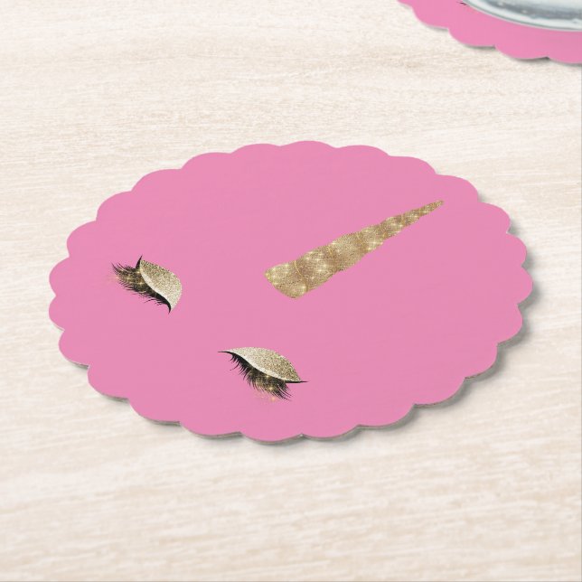 Pink Sparkle Gold Glam Unicorn Paper Coaster (Angled)