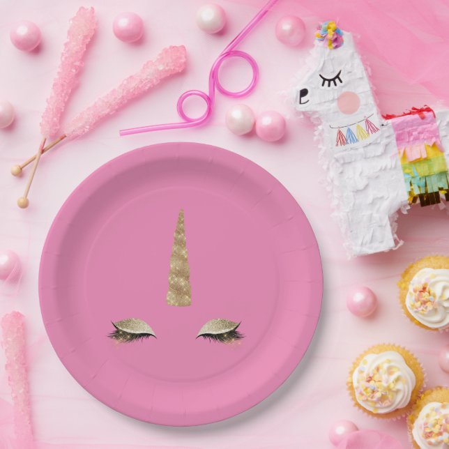 Pink Sparkle Gold Glam Unicorn Paper Plates (Party)