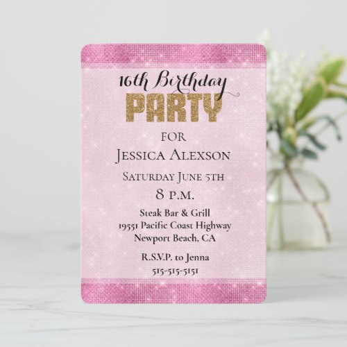 Pink Sparkle Gold Glitter Birthday Invitation