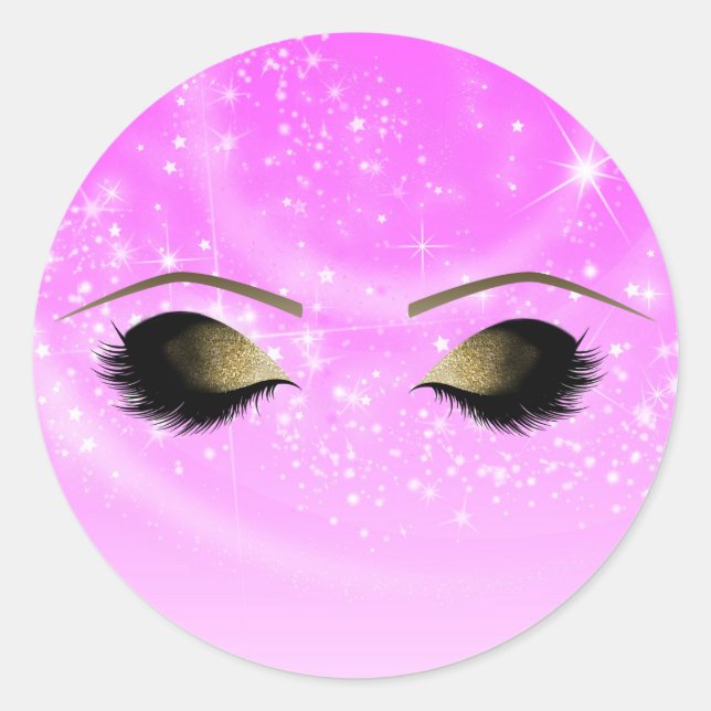 Pink Sparkle Gold Makeup Eyelashes Personalized Classic Round Sticker (Front)