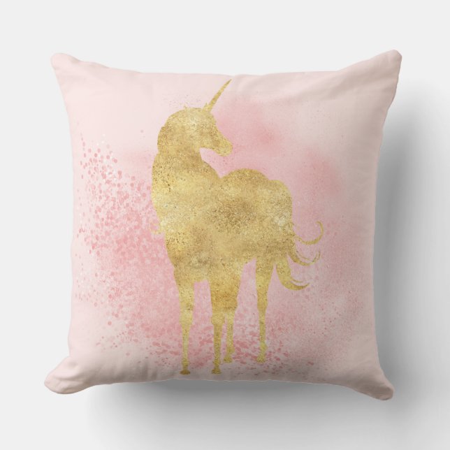 Pink Sparkle Gold Unicorn Throw Pillow (Front)