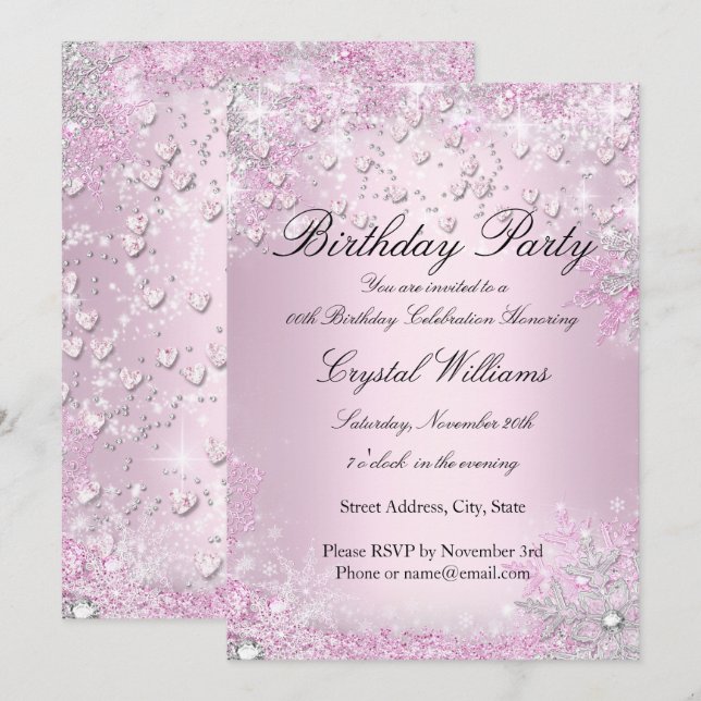Pink Sparkle Hearts Birthday Invitation (Front/Back)