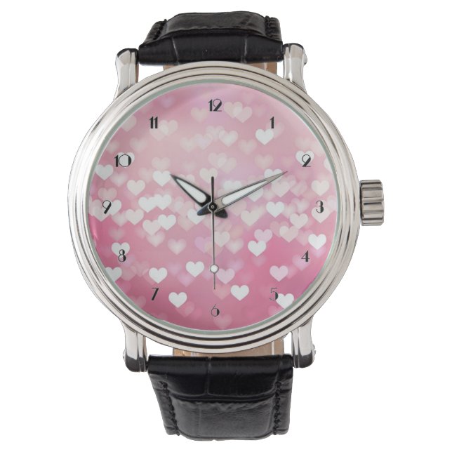 Pink Sparkle Hearts Pattern Wrist Watch (Front)
