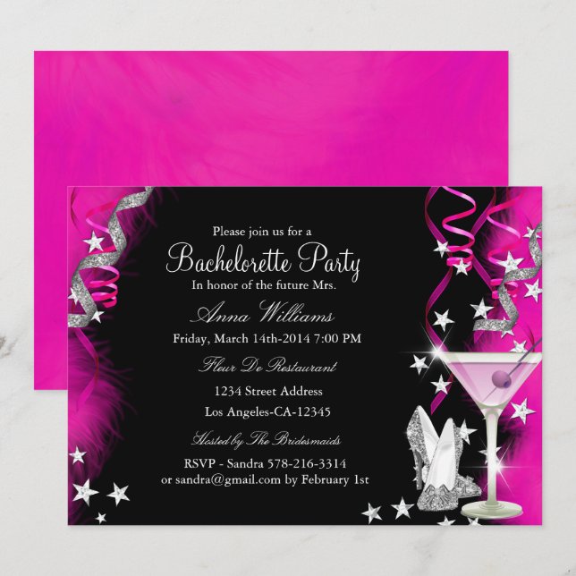 Pink Sparkle Heels & Cocktail Bachelorette Party 2 Invitation (Front/Back)