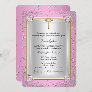 Pink Sparkle Jewel Baptism Christening Gold Invitation