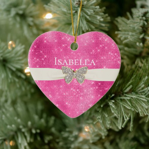 Pink Sparkle Jeweled Butterfly Name Ceramic Ornament