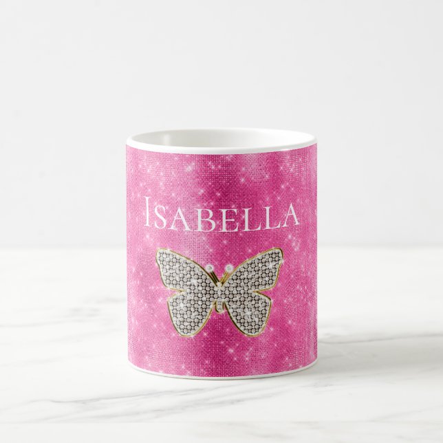 Pink Sparkle Jeweled Butterfly Name Coffee Mug (Center)