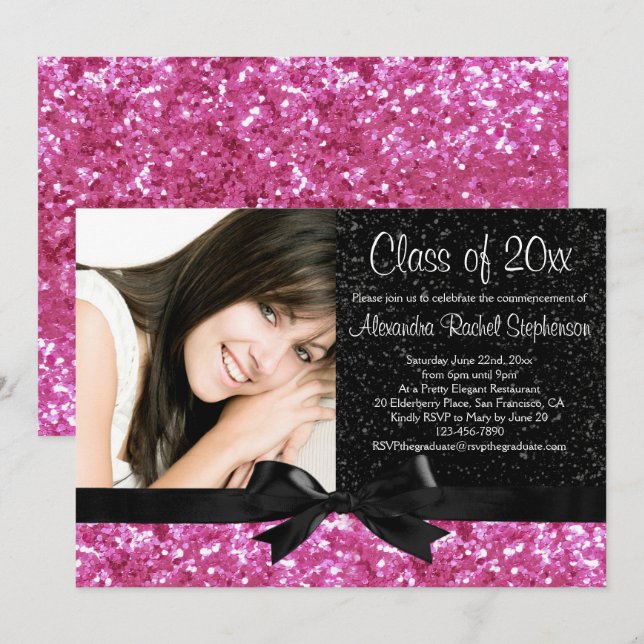 Pink Sparkle-look Bow Photo Graduation Invitation (Front/Back)