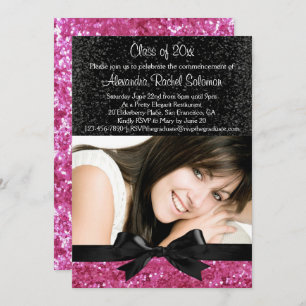 Pink Sparkle-look Bow Photo Graduation Invitation