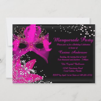 Pink Sparkle Masquerade Birthday Invitation by ExclusiveZazzle at Zazzle