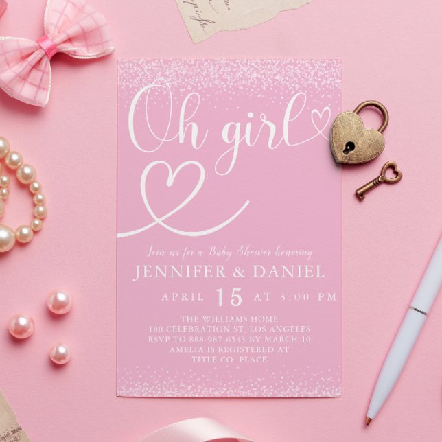 Pink Sparkle Oh Girl Script Heart Cute Invitation (Creator Uploaded)