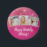 Pink Sparkle Photo Collage Girls Birthday Party Button<br><div class="desc">Pretty pink sparkles decorate these cute custom photo collage birthday party buttons for a woman,  teenager,  or little girl who loves sparkly glam gifts. Personalized happy birthday gift with 3 photographs over a hot pink girly background.</div>