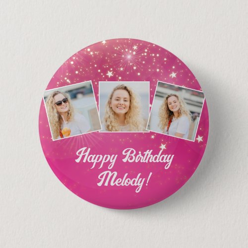 Pink Sparkle Photo Collage Girls Birthday Party Button