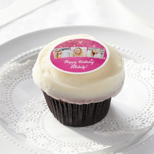 Pink Sparkle Photo Collage Girls Birthday Party Edible Frosting Rounds