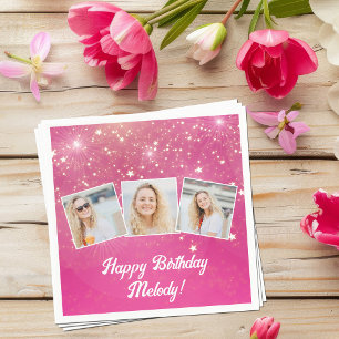 Pink Sparkle Photo Collage Girls Birthday Party Napkins