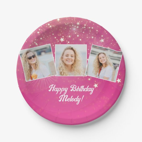 Pink Sparkle Photo Collage Girls Birthday Party Paper Plates