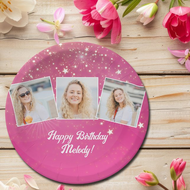 Pink Sparkle Photo Collage Girls Birthday Party Paper Plates (Creator Uploaded)