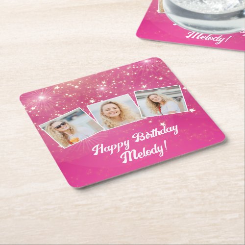 Pink Sparkle Photo Collage Girls Birthday Party Square Paper Coaster