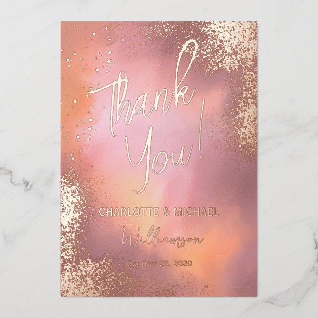 Pink Sparkle Photo Overlay Wedding Thank You Foil Invitation (Front)