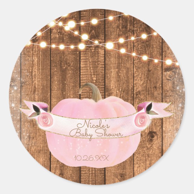 Pink Sparkle Pumpkin Autumn Rustic Wood Lights Classic Round Sticker (Front)