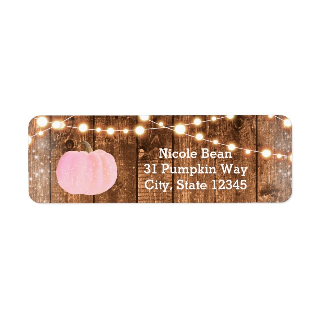 Pink Sparkle Pumpkin Autumn Rustic Wood Lights Label (Front)