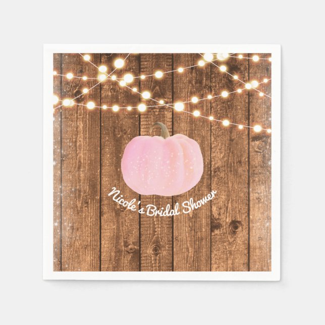 Pink Sparkle Pumpkin Autumn Rustic Wood Lights Napkins (Front)